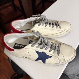 Golden Goose Cream Sneakers with Red and Blue Details